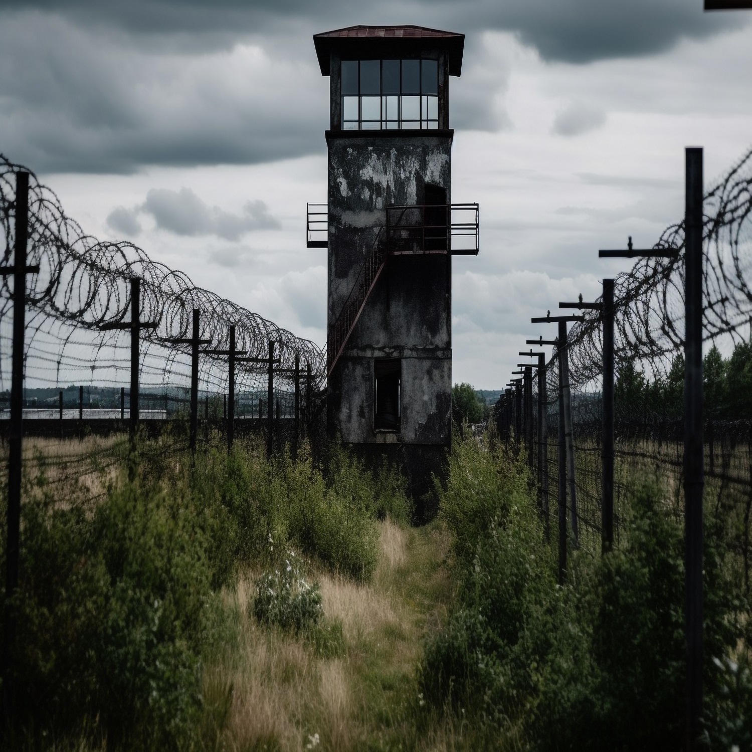 rusty-barbed-wire-fence-surrounds-abandoned-prison-generated-by-ai