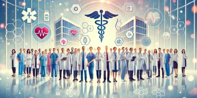 DALL·E 2024-12-03 00.59.35 - A vibrant and welcoming illustration representing the medical community. The image features a diverse group of healthcare professionals, including doc