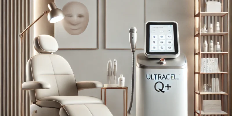 DALL·E 2024-12-03 11.26.22 - A sleek and modern aesthetic clinic setup showcasing Ultracel Q+ HIFU treatment, featuring a professional-grade HIFU machine with a digital display, a